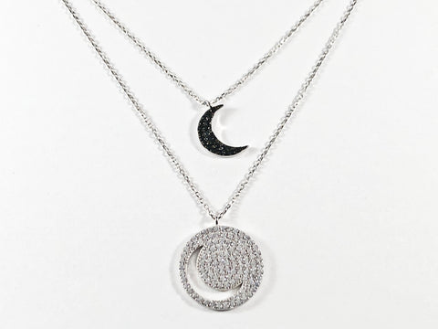 Beautiful Double Moon Shape Layered Design Black & Clear CZ Silver Necklace