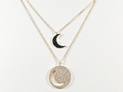 Beautiful Double Moon Shape Layered Design Black & Clear CZ Gold Tone Silver Necklace