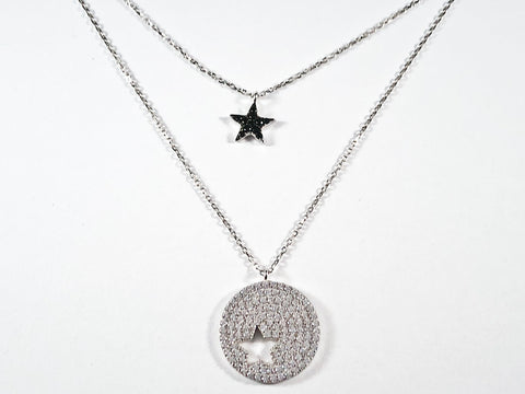 Beautiful Double Star Shape Layered Design Black & Clear CZ Silver Necklace