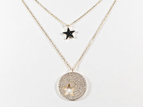 Beautiful Double Star Shape Layered Design Black & Clear CZ Gold Tone Silver Necklace