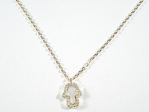 Elegant Dainty Hamsa Hand With Mother Of Pearl CZ Gold Tone Silver Necklace