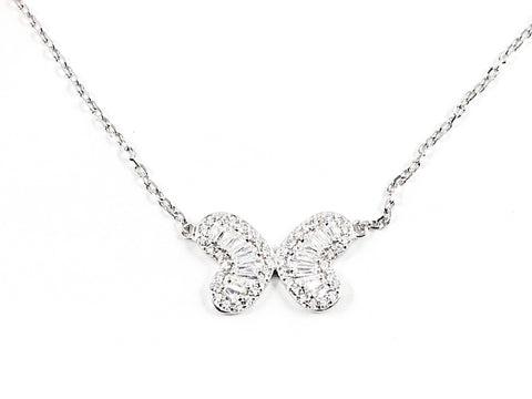 Beautiful Baguette CZ Butterfly Design & Shape Silver Necklace