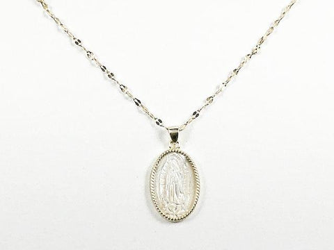 Elegant Mother Of Pearl Religious Guadalupe Figure Gold Tone Silver Necklace