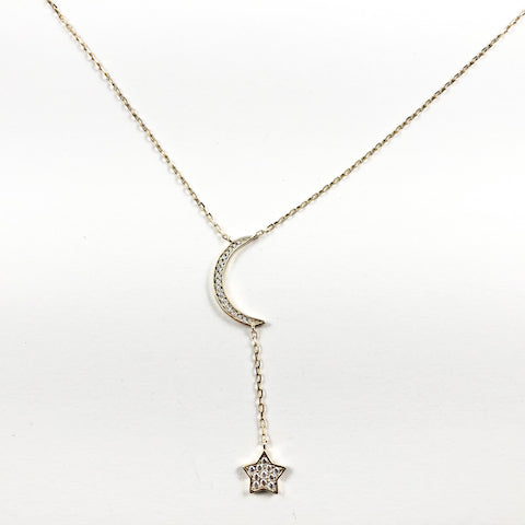 Elegant Dainty Moon With Star CZ Tie Style Gold Tone Silver Necklace