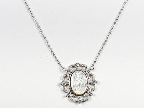 Elegant Mother Of Pearl Religious Guadalupe Figure Antique CZ Frame Silver Necklace