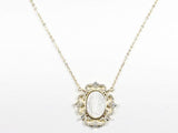 Elegant Mother Of Pearl Religious Guadalupe Figure Antique CZ Frame Gold Tone Silver Necklace