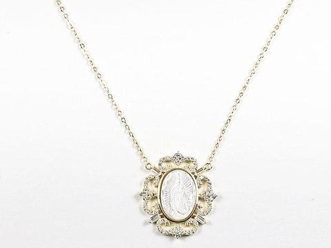Elegant Mother Of Pearl Religious Guadalupe Figure Antique CZ Frame Gold Tone Silver Necklace