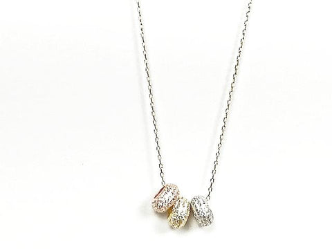 Elegant Tri Color Round Cylinder CZ Charms Silver Necklace