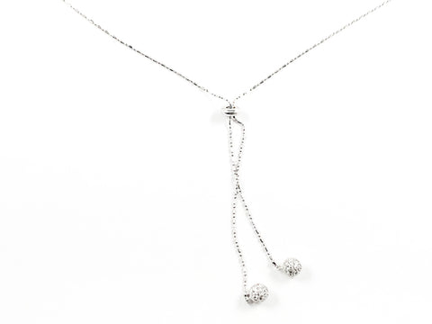 Elegant Double CZ Ball Charm Dangle Lariat Style Silver Necklace