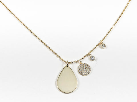 Elegant Shiny Pear Shape With Round CZ Disc & Bezel Charms Gold Tone Silver Necklace