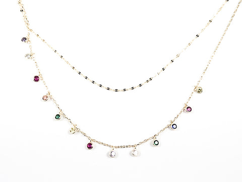 Elegant Layered Design Multi Color Bezel CZ Gold Tone Silver Necklace