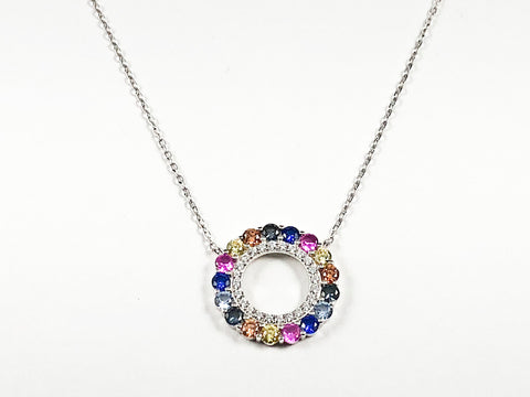 Beautiful Open Round Circle Multi Color CZ Charm Silver Necklace