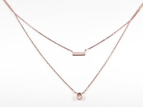 Cute Bar & Bezel CZ Layered Pink Gold Tone Silver Necklace