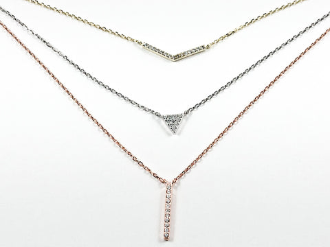 Beautiful Delicate TriColor, Layered V, Triangle, Vertical Shape CZ Bar Silver Necklace