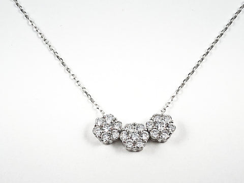 Elegant Three Piece Round Floral Design Pendant Charm CZ Silver Necklace