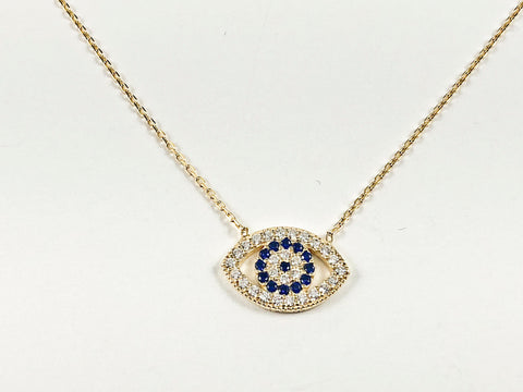 Elegant Evil Eye Sapphire & Clear CZ Open Oval Gold Tone Silver Necklace
