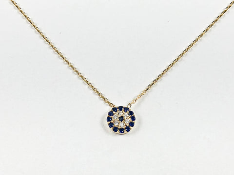 Elegant Round Evil Eye Sapphire & Clear Micro CZ Disc Gold Tone Silver Necklace