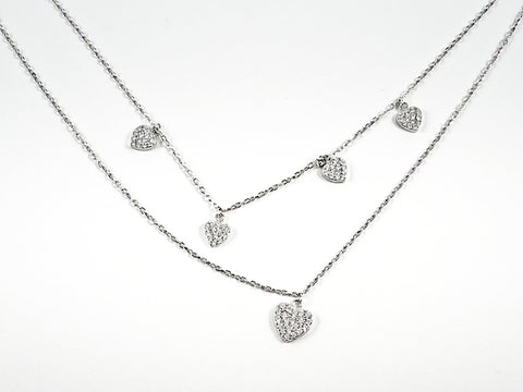 Elegant Multi Layer Micro Dangling CZ Heart Charms Silver Necklace