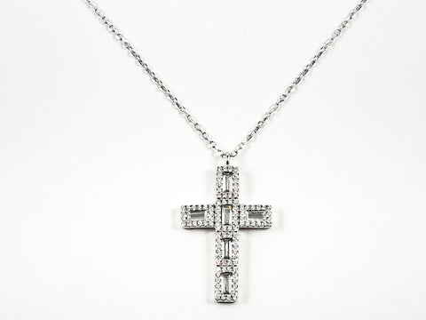Elegant Mix Baguette Style Rectangle Shape CZ Cross Pendant Silver Necklace