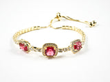 Elegant Square Shape Halo Style Ruby CZ Gold Tone Draw String Silver Bracelet