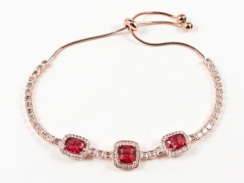 Elegant Square Shape Halo Style Ruby CZ Pink Gold Tone Draw String Silver Bracelet