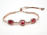 Elegant Square Shape Halo Style Ruby CZ Pink Gold Tone Draw String Silver Bracelet