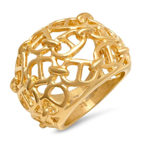 Modern Anchor Link Pattern Dome Shape Gold Tone Steel Ring