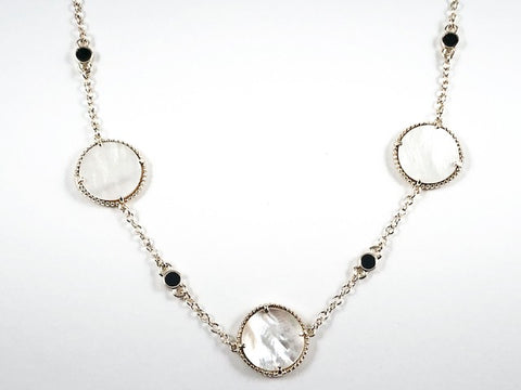 Elegant Round Disc Mother Or Pearl With Small Black Onyx Round Discs Gold Tone Long Brass Necklace