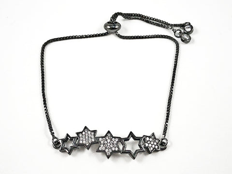 Beautiful Multi Star CZ Design Black Rhodium Tone Draw String Brass Bracelet