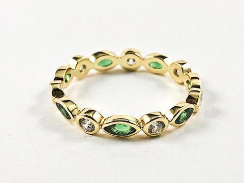 Round & Diamond Emerald Color Bezel CZ Pattern Gold Tone Eternity Silver Ring