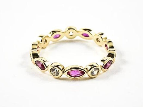 Round & Diamond Pink Color Bezel CZ Pattern Gold Tone Eternity Silver Ring