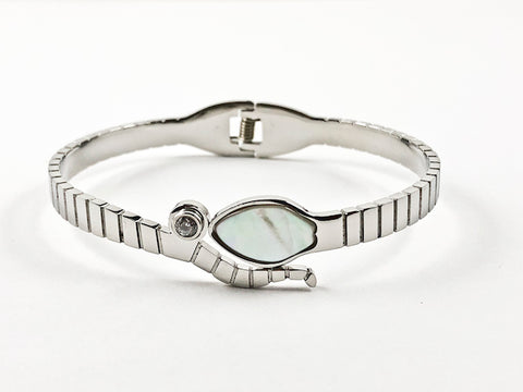 Modern Mother Of Pearl With CZ Bezel Wrap Hinge Steel Bangle