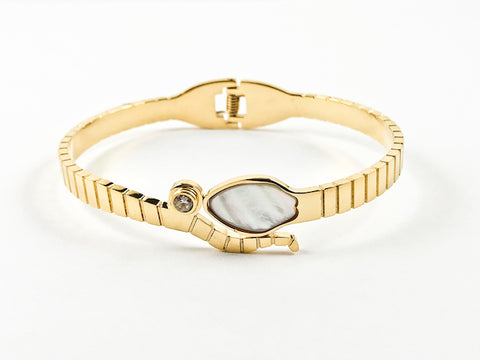 Modern Mother Of Pearl With CZ Bezel Wrap Hinge Gold Tone Steel Bangle