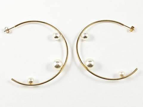Large Hoop With 3 Pearl Elegant Design Gold Tone Steel Earrings