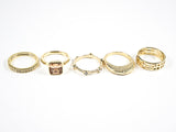 Elegant Statement Design Champagne Color CZ & Yellow Gold Tone Set of 5 Piece Brass Ring
