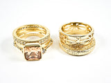 Elegant Statement Design Champagne Color CZ & Yellow Gold Tone Set of 5 Piece Brass Ring
