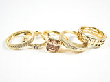Elegant Statement Design Champagne Color CZ & Yellow Gold Tone Set of 5 Piece Brass Ring