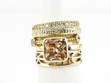 Elegant Statement Design Champagne Color CZ & Yellow Gold Tone Set of 5 Piece Brass Ring