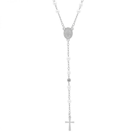 Religious Rosary With Simulated Pearl Steel Necklace