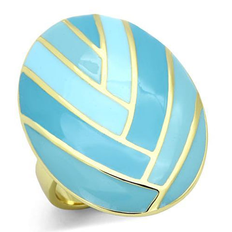 Unique Large Colorful Oval Shape Blue Pattern Gold Tone Steel Ring