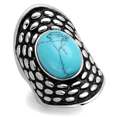 Elegant Long Shape Turquoise Center Stone With Textured Frame Steel Ring